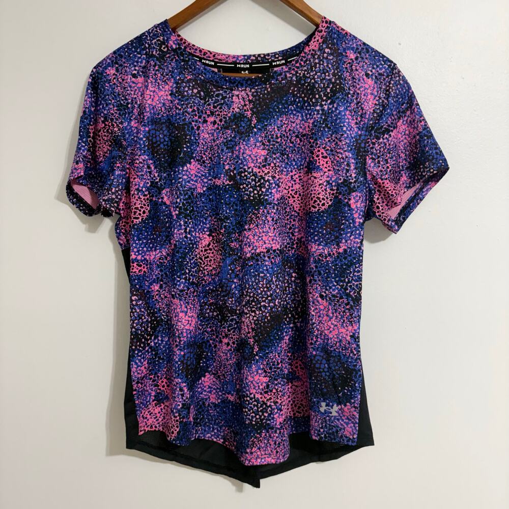 Women's Large Under Amour Run Multi Color Purple Pink Running Shirt Breathable